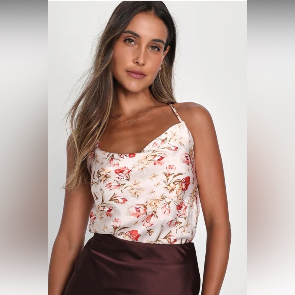 Lulus Pretty Remarkable Blush Pink Floral Satin Cowl Neck Cami Top